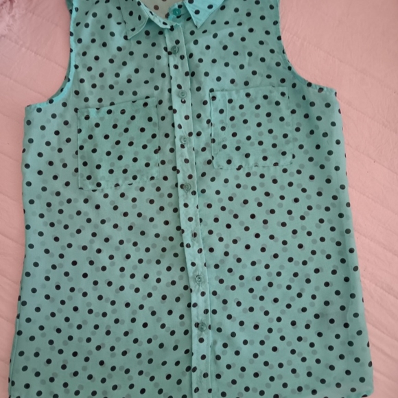 Ladies WISHFULL PARK sheer turquoise & black polk-a-dot tank. Small - Picture 1 of 3